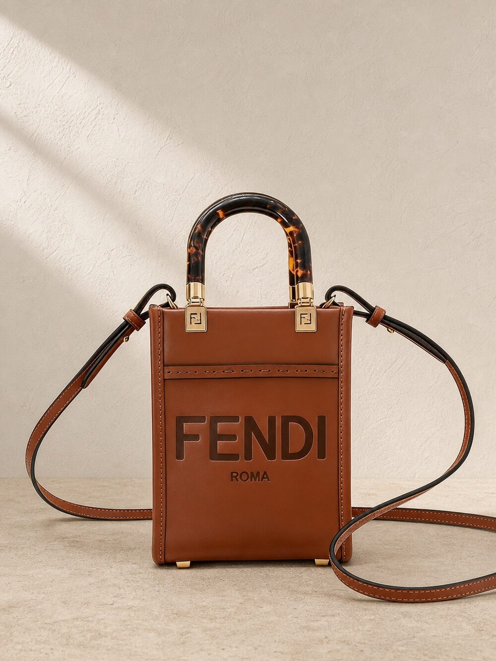 Fendi Sunshine Mini Brown Calfskin Top Handle Shopper